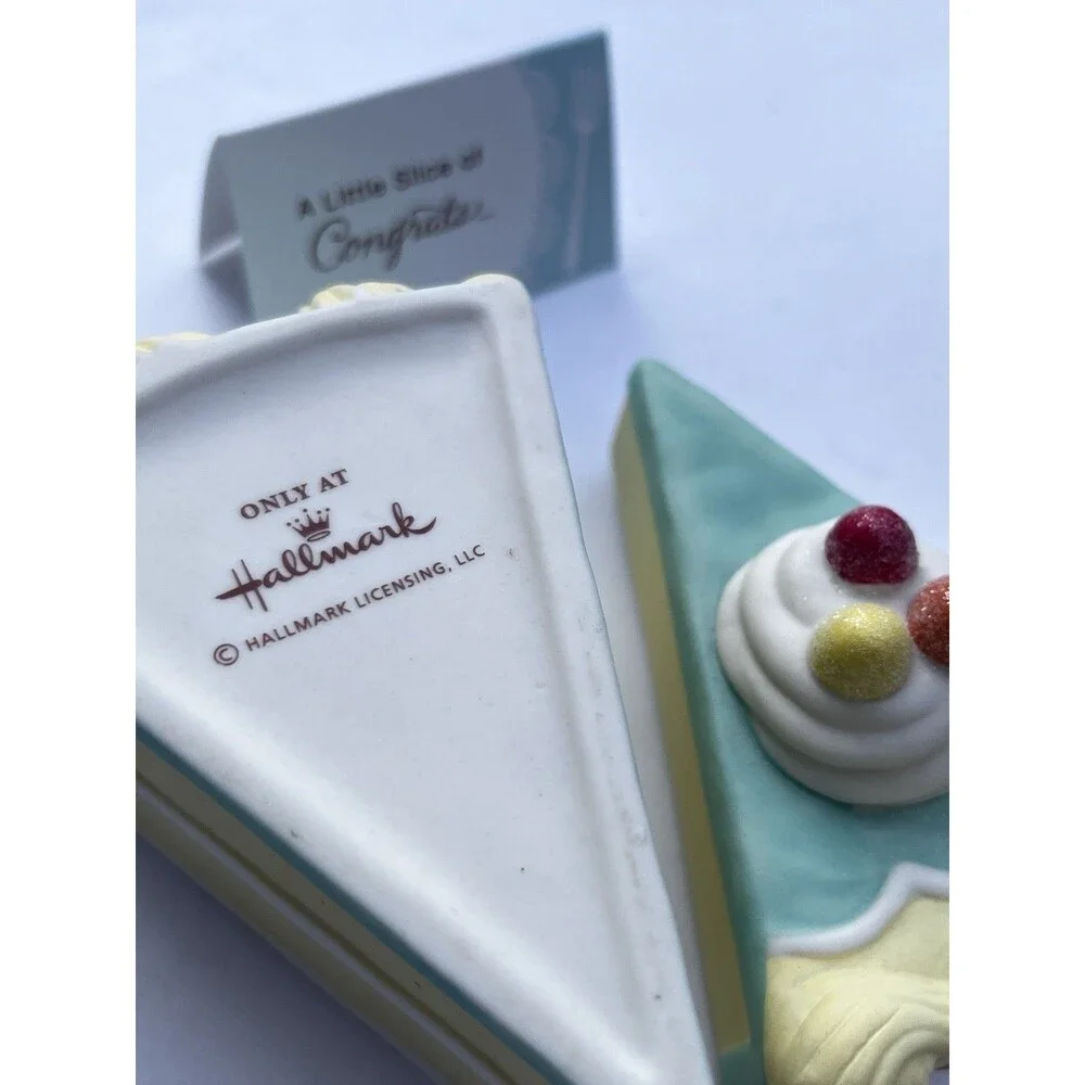 Hallmark Hip Hip Hooray Cake Slice Trinket Box Congrats Ceramic Keepsake w Card